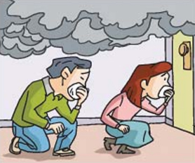 연기가 많은 곳에서는 팔과 무릎으로 기어서 이동하되 배를 바닥에 대고 가지 않도록 합시다. 한 손으로는 코와 입을 젖은 수건 등으로 막아 연기가 폐에 들어가지 않도록 합시다.