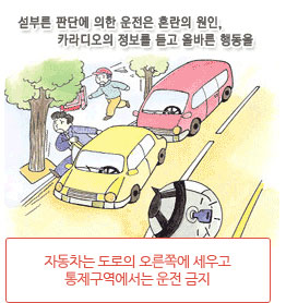 자동차는 도로의 오른쪽에 세우고 통제구역에서는 운전 금지(섣부른 판단에 의한 운전은 혼란의 원인, 카라디오의 정보를 듣고 올바른 행동을)